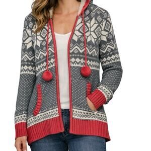 Between Me & You Nordic Fair Isle Hooded Cardigan Pom Pom Sweater Wool Blend